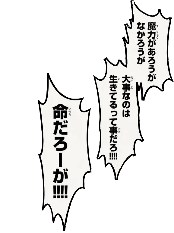 「魔力があろうがなかろうが大事なのは生きてるって事だろ！！！！」「命だろーが！！！！」
