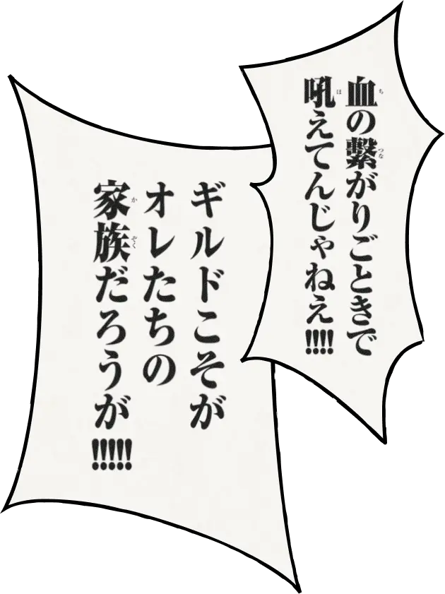 「血の繋がりごときで吼えてんじゃねえ！！！！」「ギルドこそがオレたちの家族だろうが！！！！！」